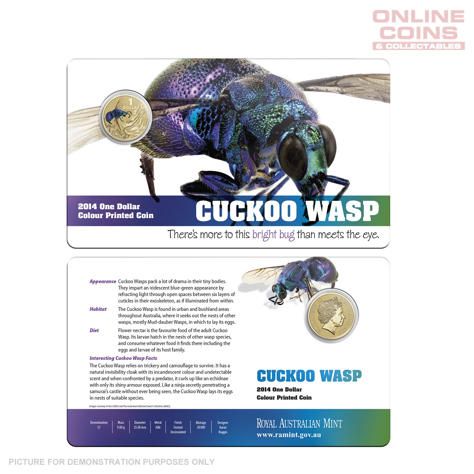 2014 Royal Australian Mint - Bright Bugs - Cuckoo Wasp - Uncirculated $1 Carded Coin